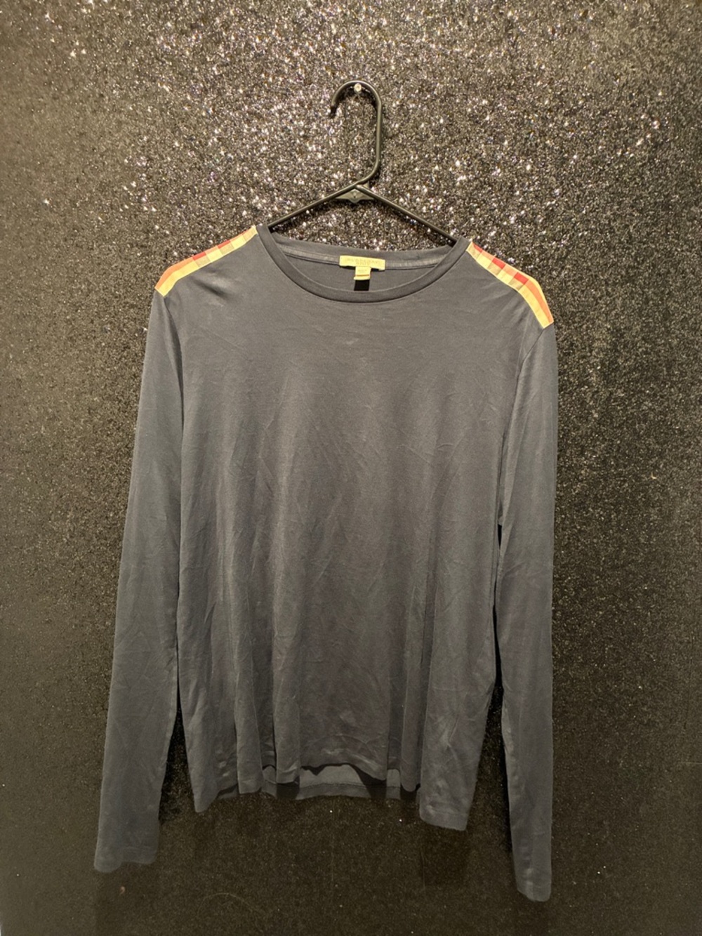 Burberry Navy Long Sleeve Tee with Beige & Red Shoulder Stripe